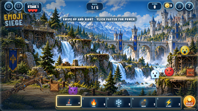 Actual mobile gameplay capture of the Stage 1 Outer Approach battle with ballista, emojis, TNT, and ammunition controls