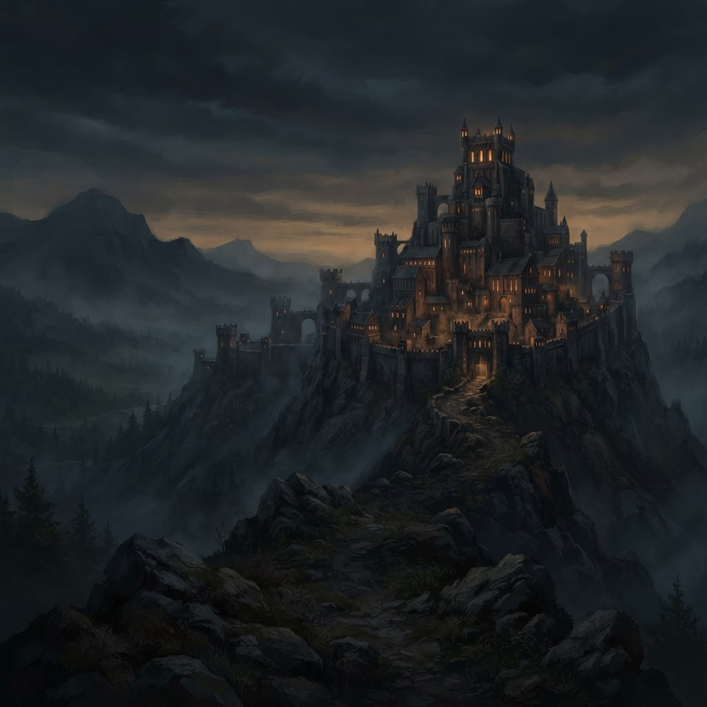 A citadel glowing through evening haze