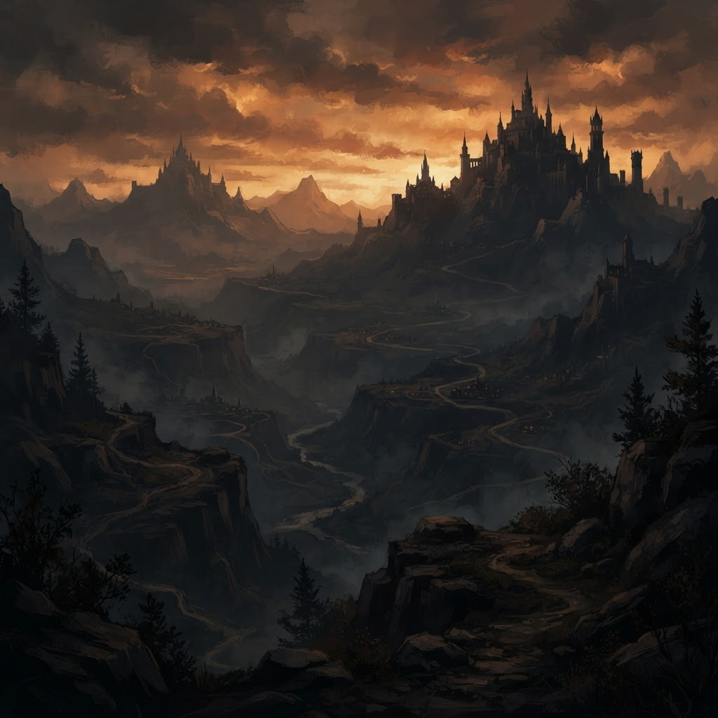 Distant mountain kingdoms beneath a copper horizon