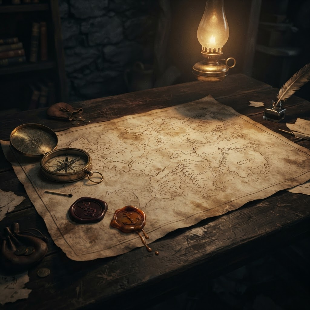 A warmly lit map table