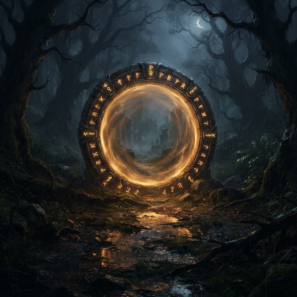 A glowing portal standing in a dark misty forest clearing