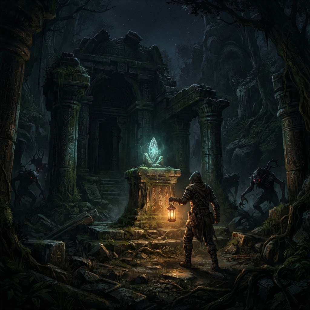 A glowing relic discovered among ancient ruins in the dark