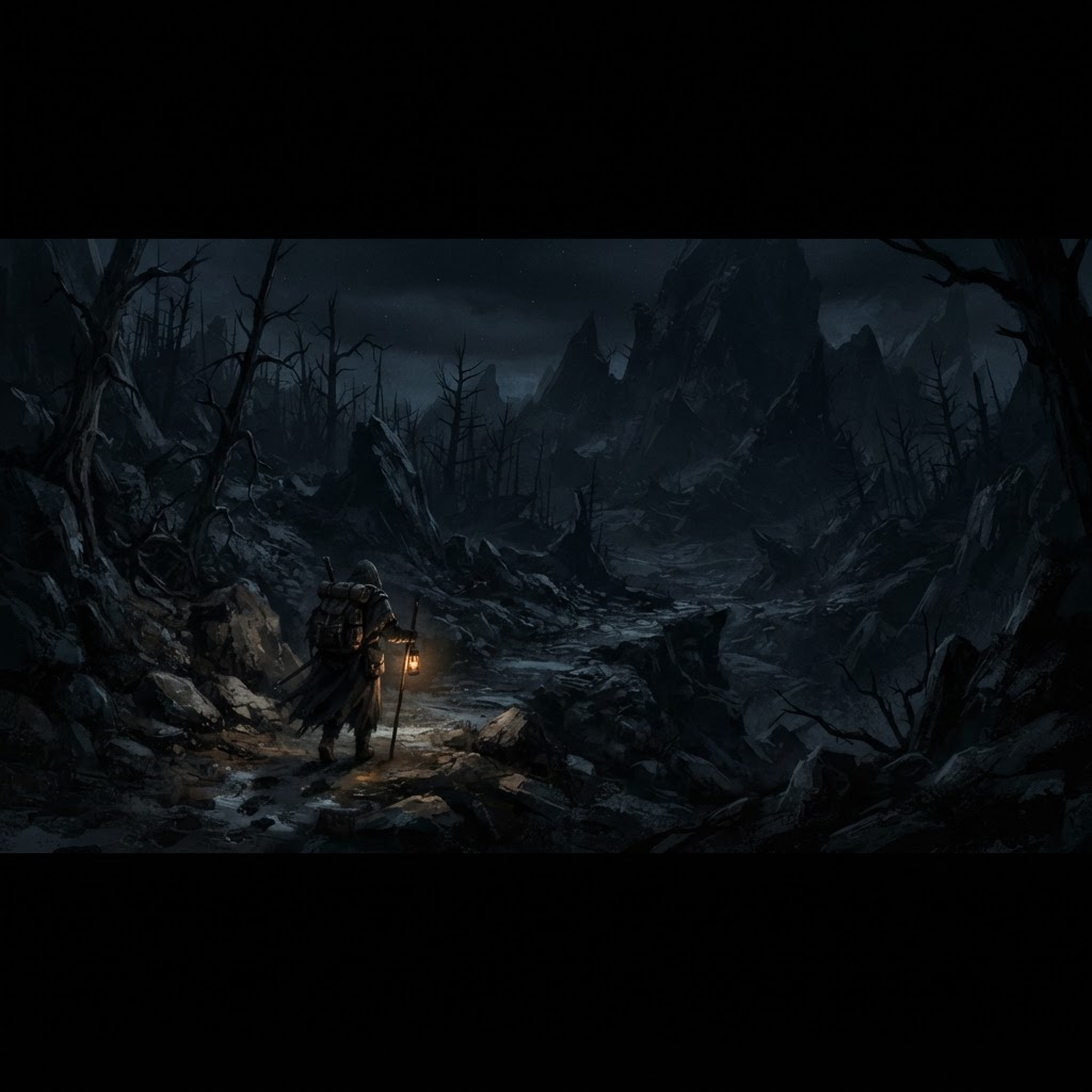 A lone traveler crossing the dark wilderness by lantern light