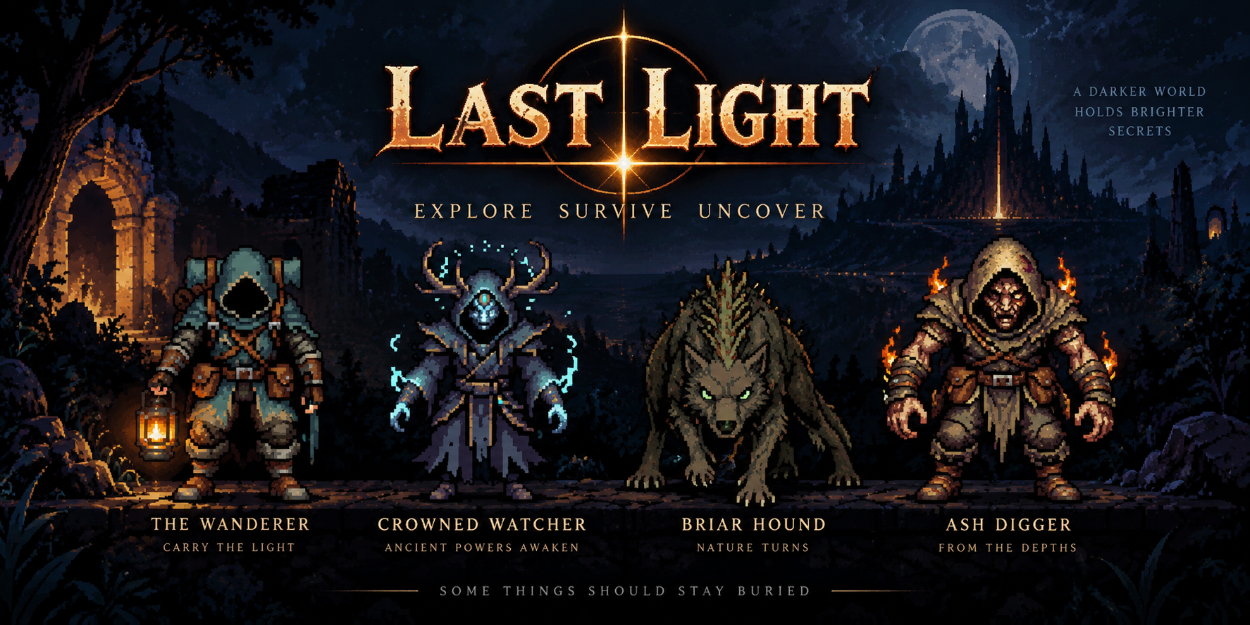 Last Light promotional banner: Four creatures and the lantern at night